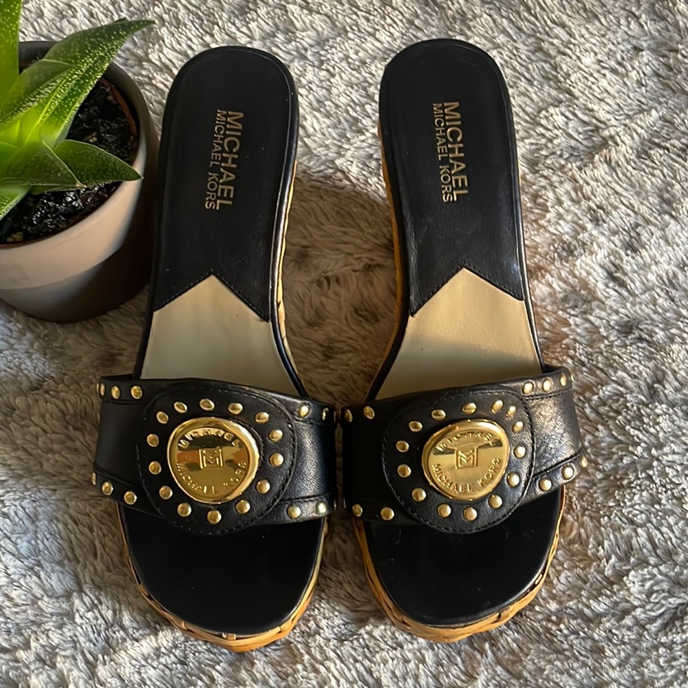 Michael Kors Studded Wicker Wedge Heel Leather Platform Sandals